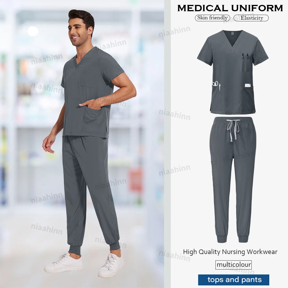 Niaahinn Medical Scrubs Uniform Nursing Articles Surgical Uniforms Woman V-neck Short Sleeved Tops Joggers Pants Sets Mens Scrub