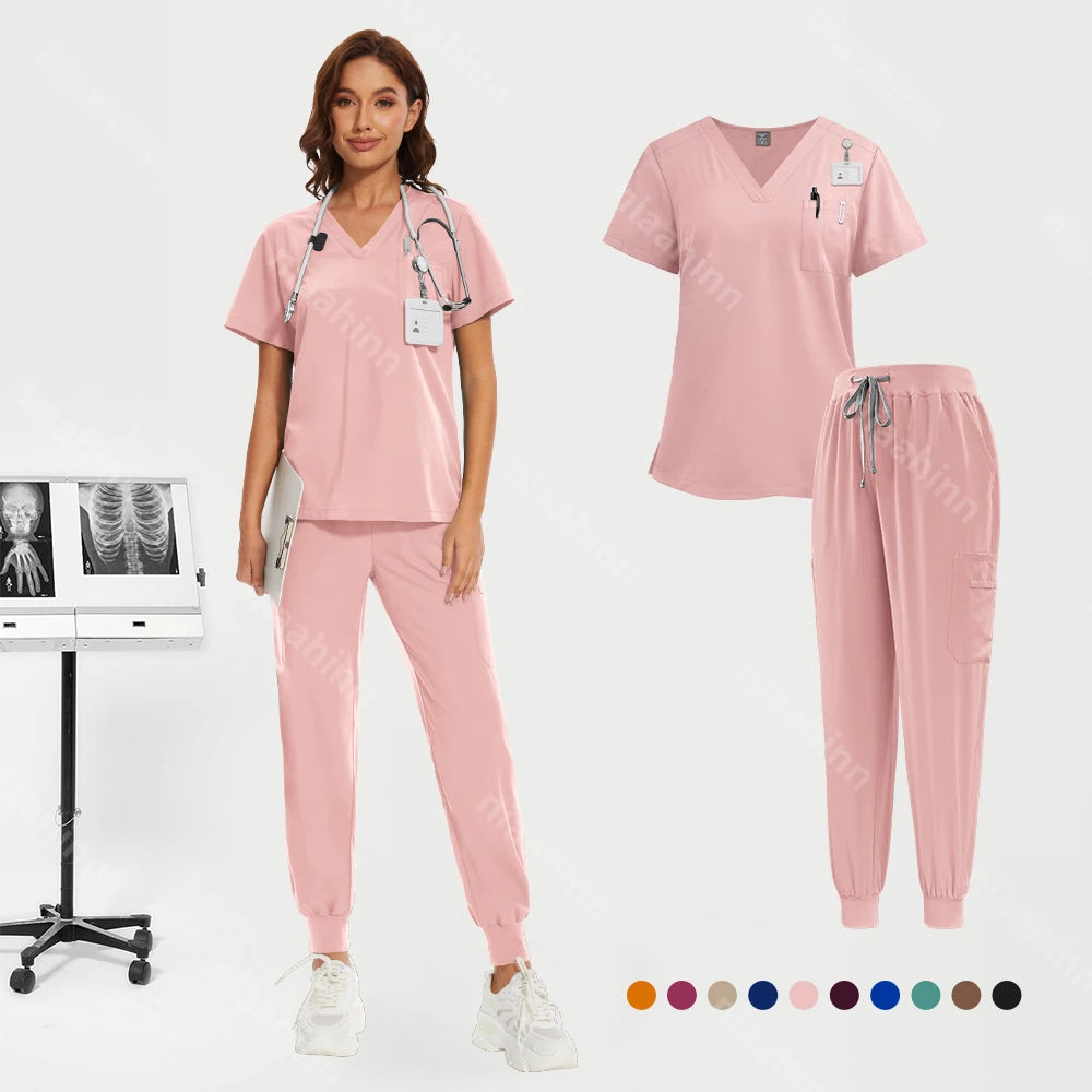 Niaahinn Medical Nurse Scrubs Tops+Pant Beauty Salon Spa Workwear Clinical Doctor Nursing Suit Surgical Uniforms Women Scrub Set