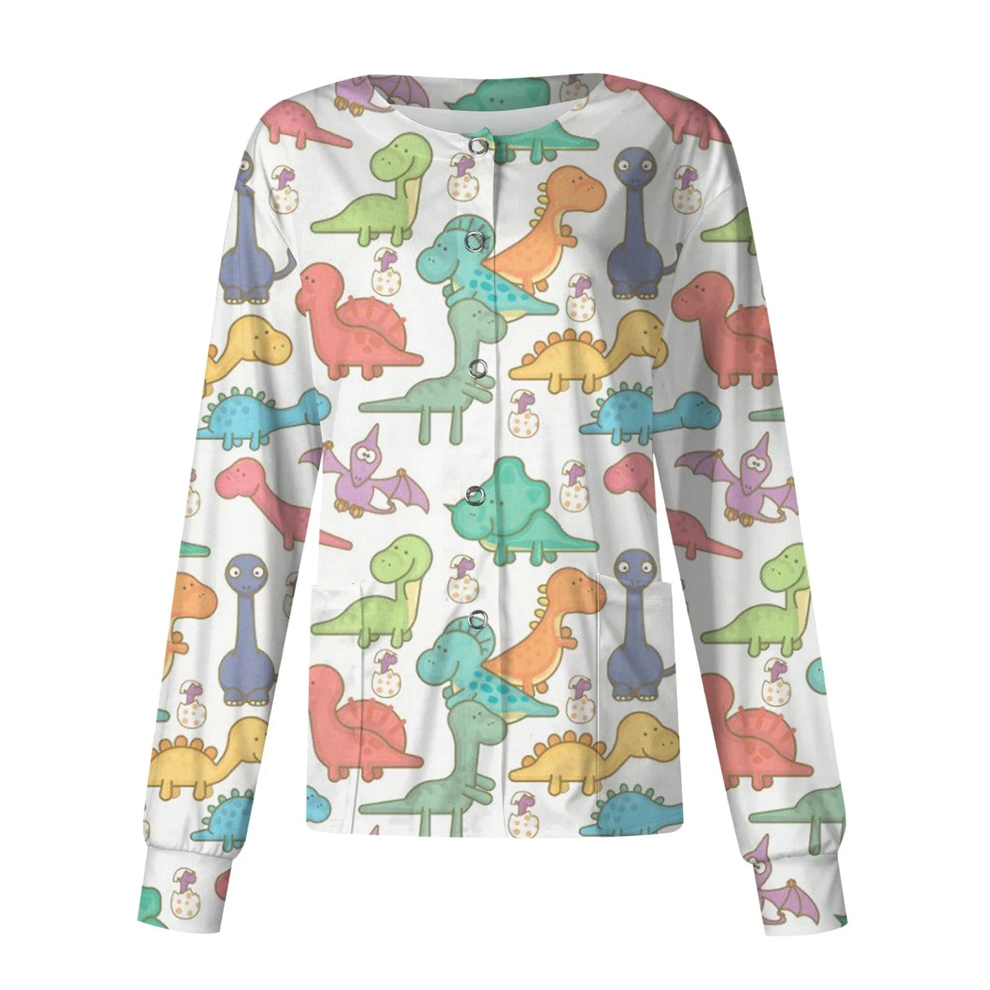 Spring Autumn Nurse Cardigan Cute Dinosaur Printed Work Uniform Round Neck Pocket Scrub Jacket Nurse Care Worker Cartoon Coat