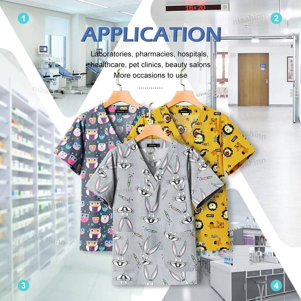 Cotton Printed Medical Uniforms Nurse Accessories for Work Doctor's Surgical Scrub Cartoon Pattern Short Sleeved Shirt Women Men