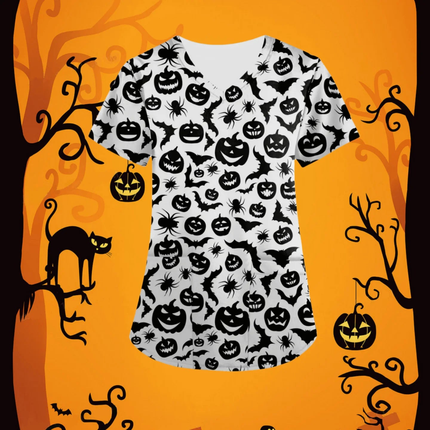 Halloween Scrubs Medical Uniform Scary Pumpkin Head Print Curable Medical Tops V-Neck Short Sleeve with Pocket Medical Clothes