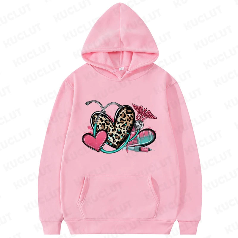 New Women Hoodies Pullover Oversize Valentines Day Love Nurse Print Hoodies Casual Long Sleeve Women Sweatshirts Nurse Gifts