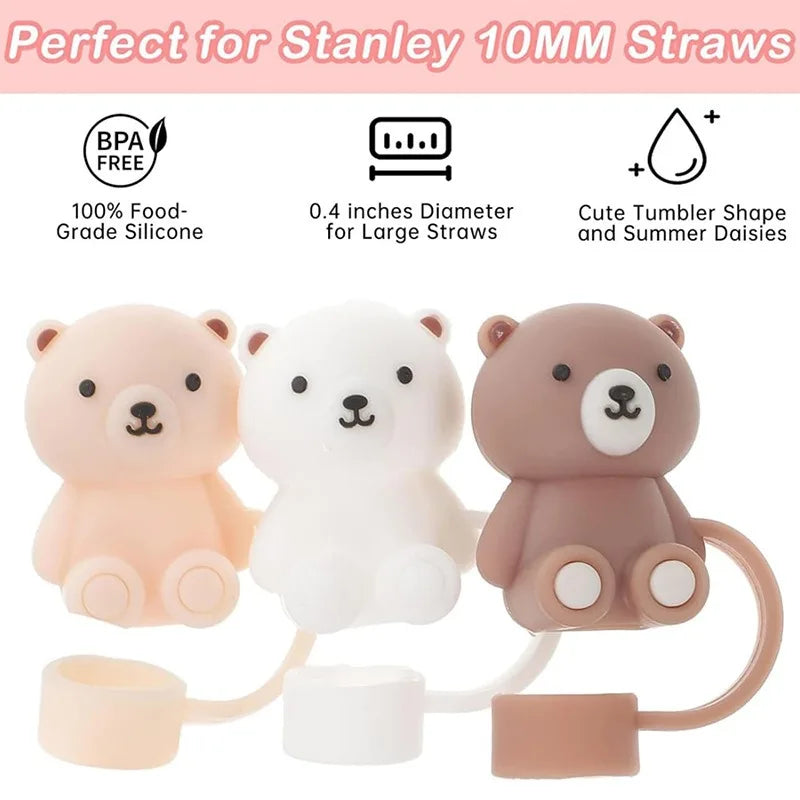 10mm Straw Cover Suitable Compatible With Stanley Cup Cute Teddy Bear Silicone Straw Plug Straw Dust Cover New 2024