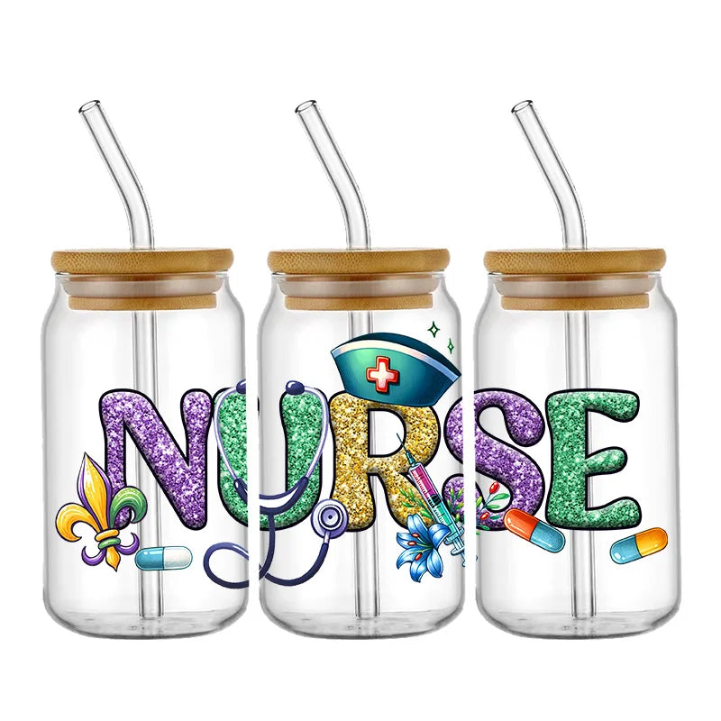 Nurse Cute Cartoon Design Best Seller 3D UV DTF Cup Wrap Transfers Stickers Labels Durable Waterproof Logo 16oz Glass Wrap