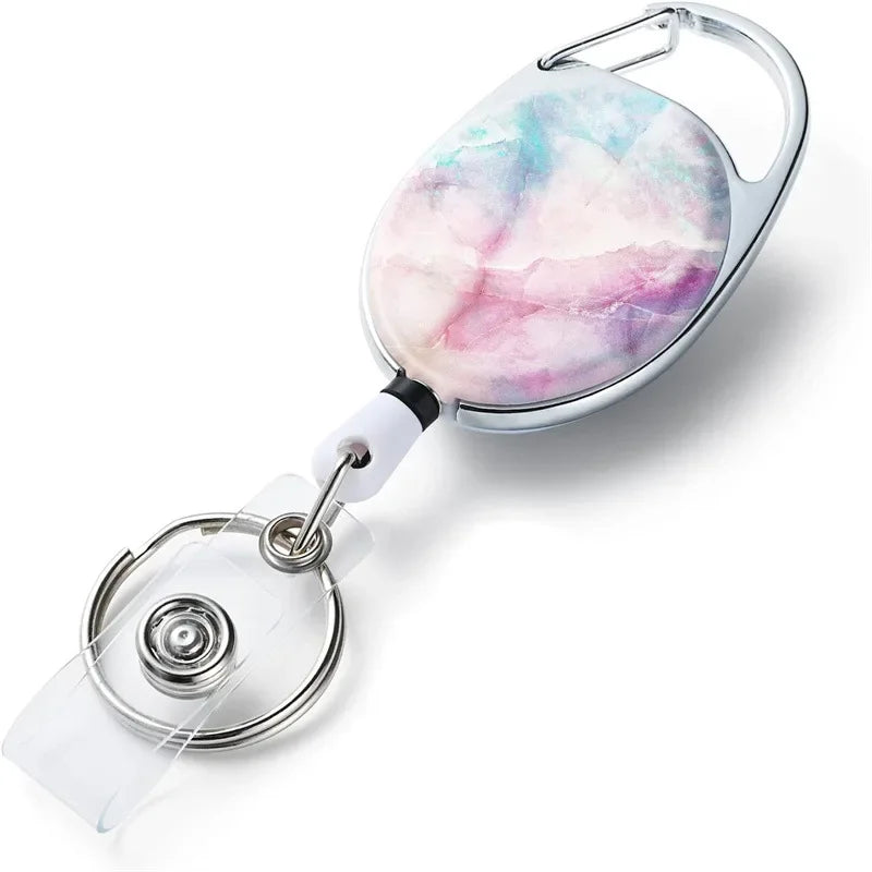 1pc Marble Oval Easy Pull Badge Reels Keychain Egg Shaped Portacredencial Nurse Badge Holder Retractable Badge Clip