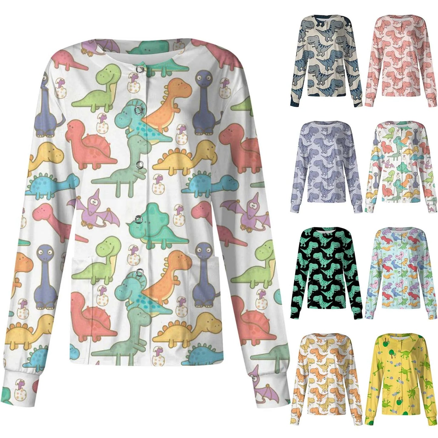 Spring Autumn Nurse Cardigan Cute Dinosaur Printed Work Uniform Round Neck Pocket Scrub Jacket Nurse Care Worker Cartoon Coat