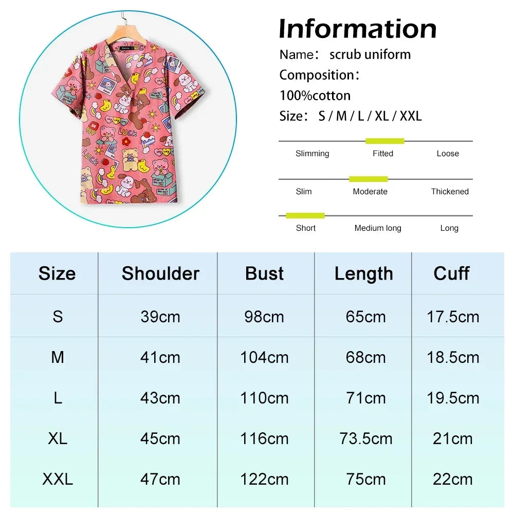 Cotton Printed Medical Uniforms Nurse Accessories for Work Doctor's Surgical Scrub Cartoon Pattern Short Sleeved Shirt Women Men