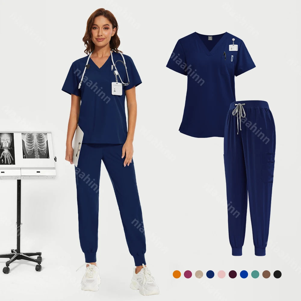 Niaahinn Medical Nurse Scrubs Tops+Pant Beauty Salon Spa Workwear Clinical Doctor Nursing Suit Surgical Uniforms Women Scrub Set