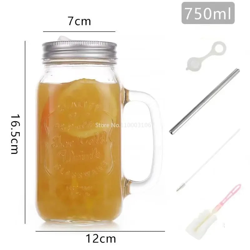 1PC 450/650/750ml Mason Jar Mugs with Handles Glass Bottle Juice Drink Clear Glass Water Bottle With Cover Straw Drinkware Cup