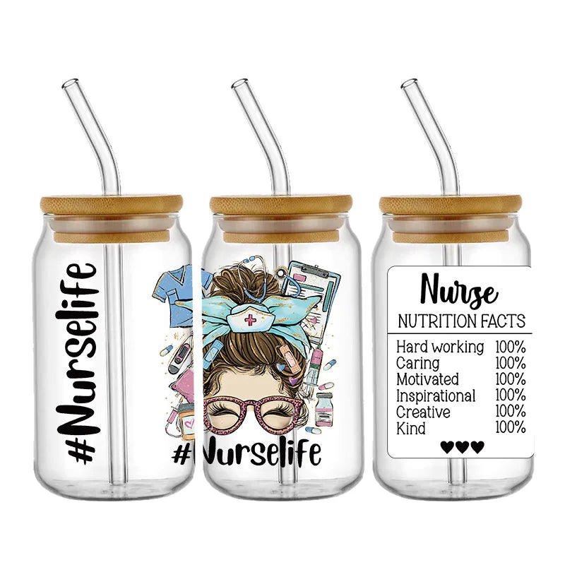 Nurse Cute Cartoon Design Best Seller 3D UV DTF Cup Wrap Transfers Stickers Labels Durable Waterproof Logo 16oz Glass Wrap