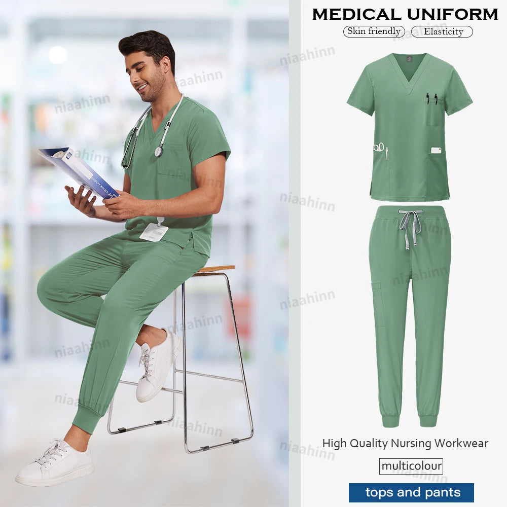 Niaahinn Medical Scrubs Uniform Nursing Articles Surgical Uniforms Woman V-neck Short Sleeved Tops Joggers Pants Sets Mens Scrub