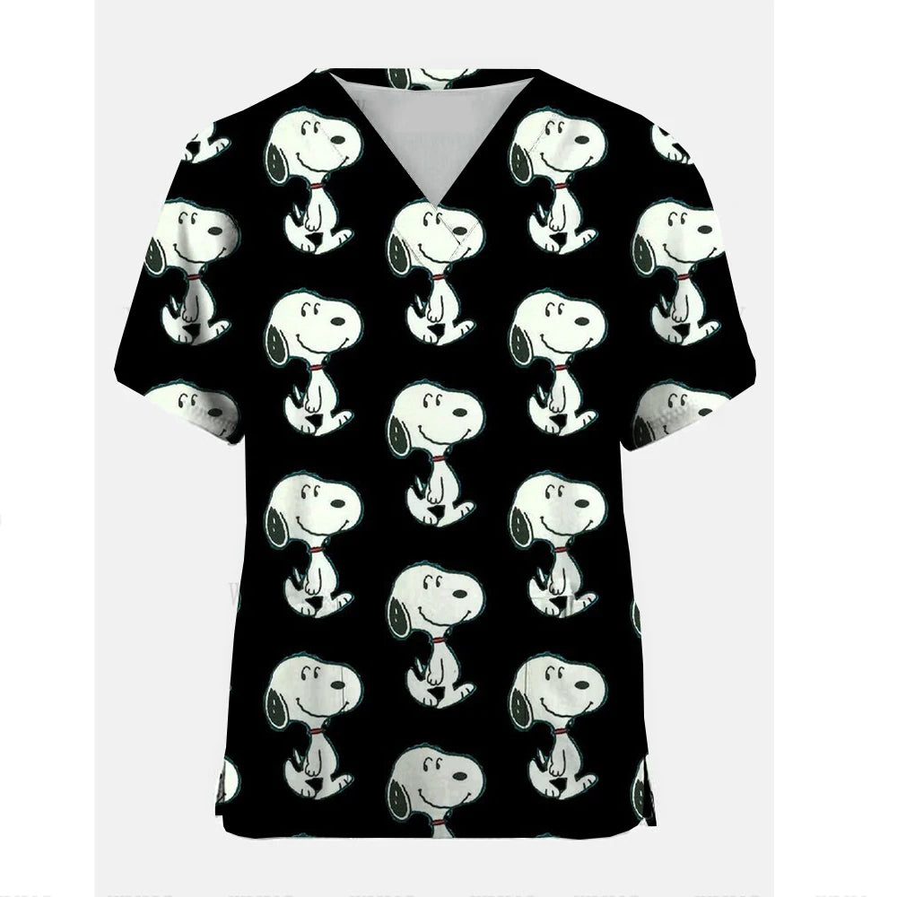 Nurse Uniform Women Short Sleeve Snoopy  print Working Uniform Pocket Blouse Scrubs Tops Nursing Medical Uniforms Accessories