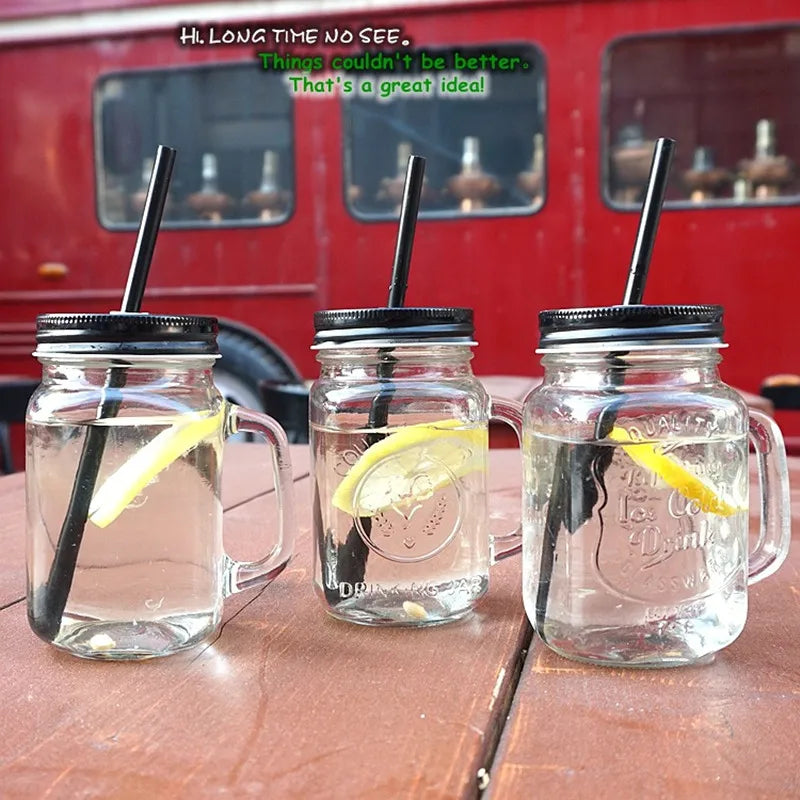 450ml Mason Jar Mugs with Handles Old Fashioned Glass Bottle Juice Drink Clear Glass Water Bottle With Cover Straw Drinkware Cup