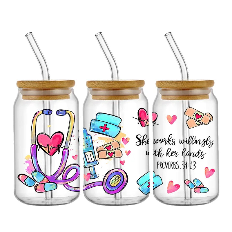 Nurse Cute Cartoon Design Best Seller 3D UV DTF Cup Wrap Transfers Stickers Labels Durable Waterproof Logo 16oz Glass Wrap