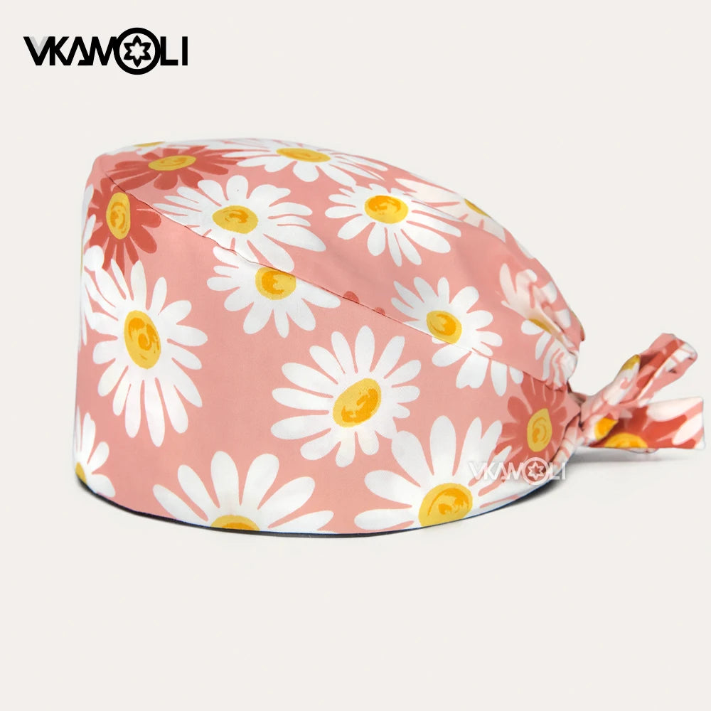 women's Cotton scrubs caps weat-absorbent Elastic Section pet grooming nursing work hats lab Flower print scrub hat Wholesale