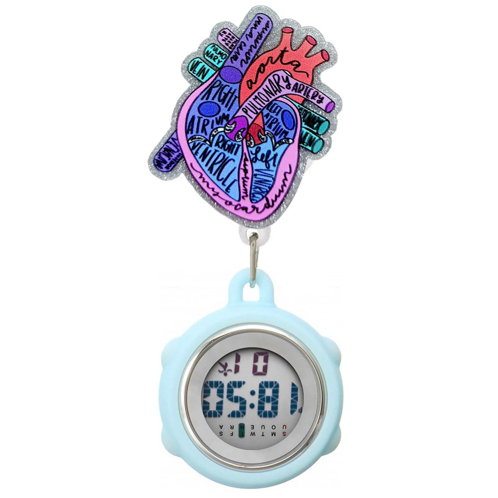 Cartoon Shiny Glitter Acrylic Medicine Medical Hospital Nurse Doctor Multi-funtion Digital Clip Retractable Badge Pocket Watch