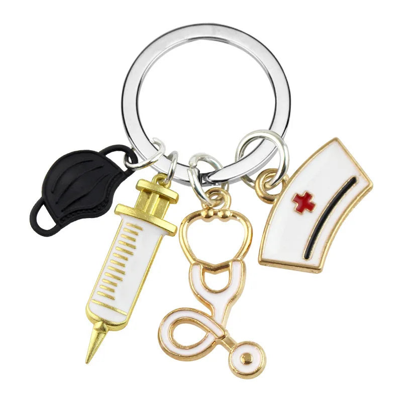 Medical Tool Doctor Keychain Heartbeat Stethoscope Syringe Nurse Cap Key Ring Nurse Gifts Handmade Jewelry Bag Ornaments Charm