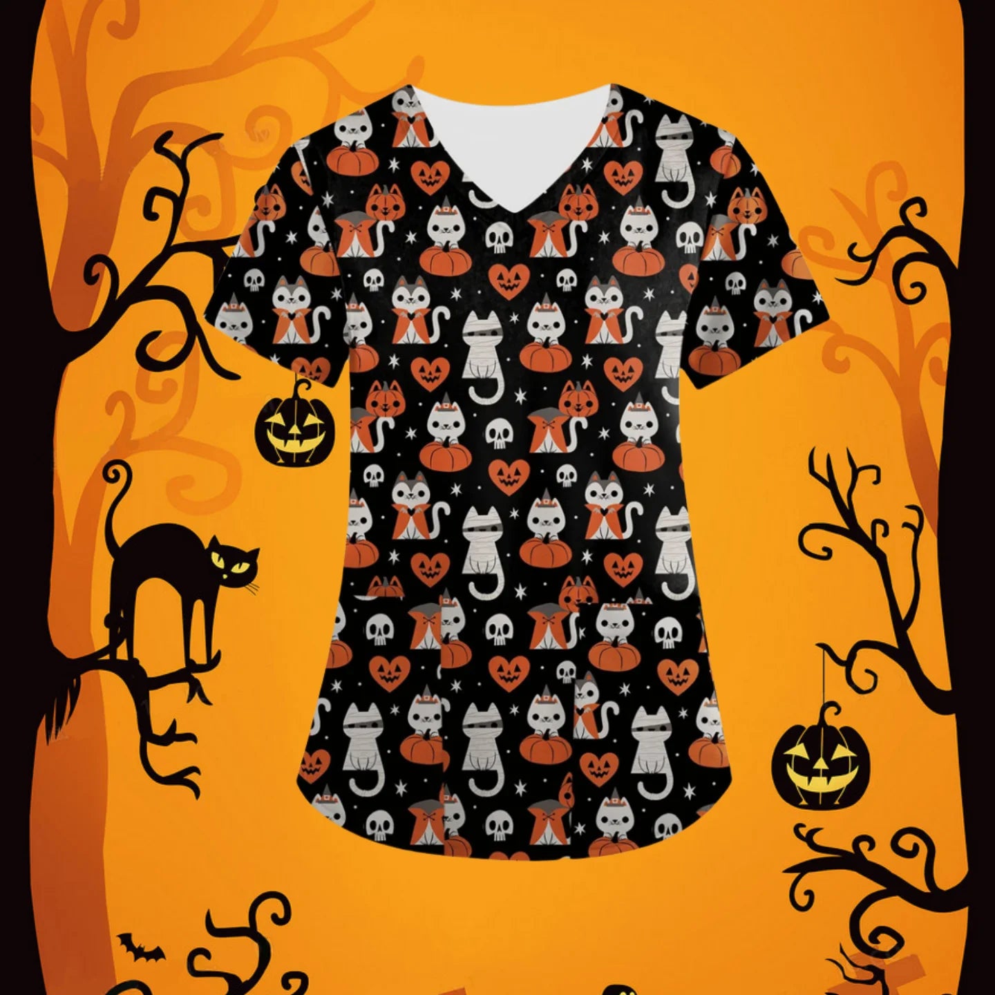 Halloween Scrubs Medical Uniform Scary Pumpkin Head Print Curable Medical Tops V-Neck Short Sleeve with Pocket Medical Clothes