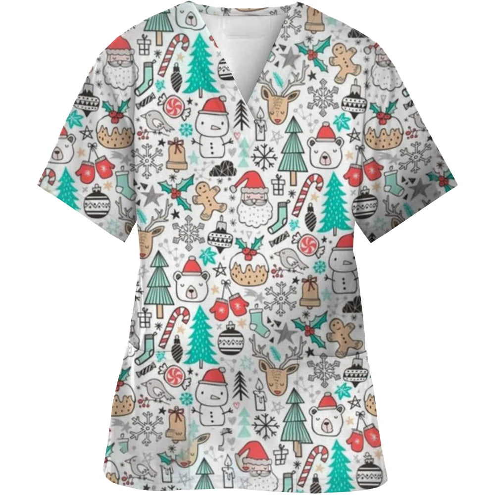 Christmas Printed V-Neck Scrubs Tops for Woman Man Blouse Cotton Surgeon Working Clothes Medical Uniform Doctor Nurse Scrub Tops