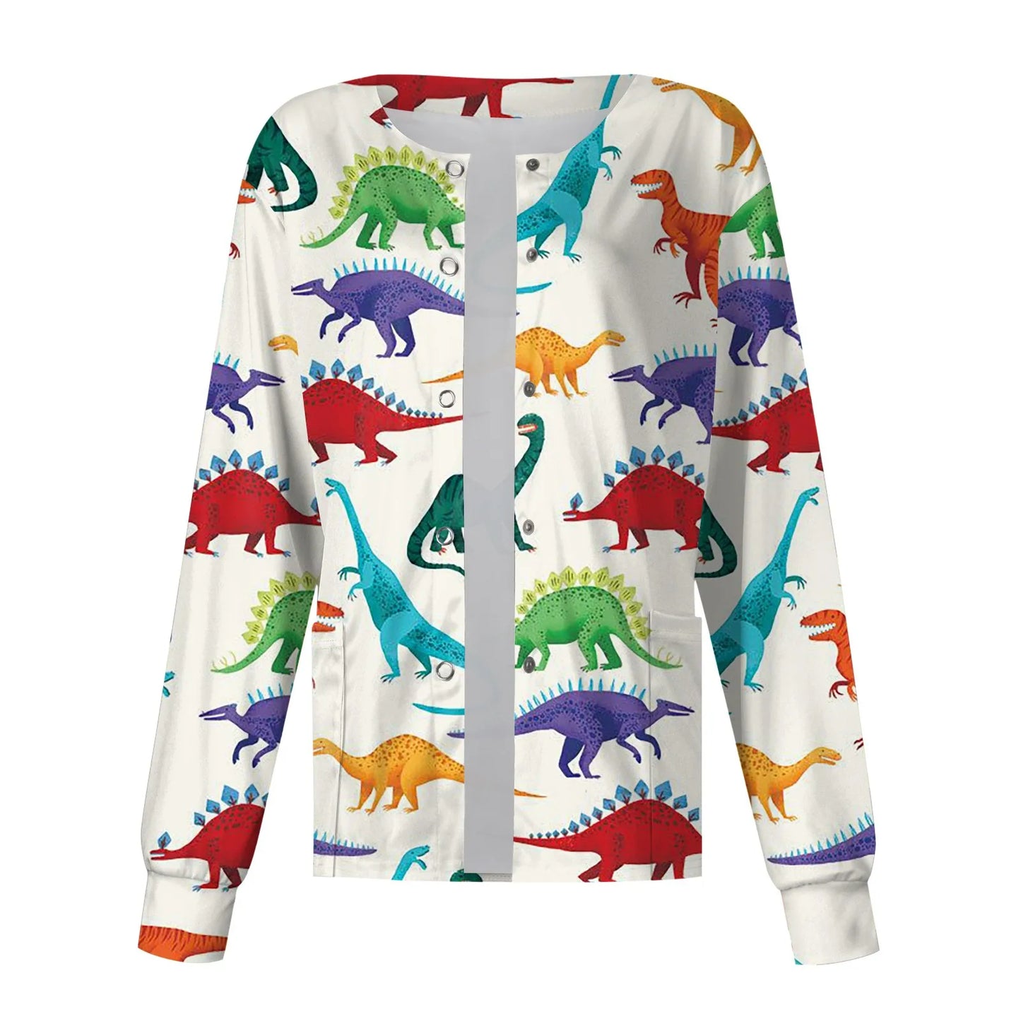 Scrub Top Spring Fall Stitch Spa Nurse Uniform Cute Dinosaur Print Coat Women Long Sleeve Clinic Scrub Jacket Uniform Nurse Top