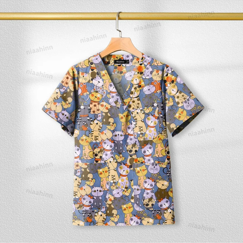 Cotton Printed Medical Uniforms Nurse Accessories for Work Doctor's Surgical Scrub Cartoon Pattern Short Sleeved Shirt Women Men