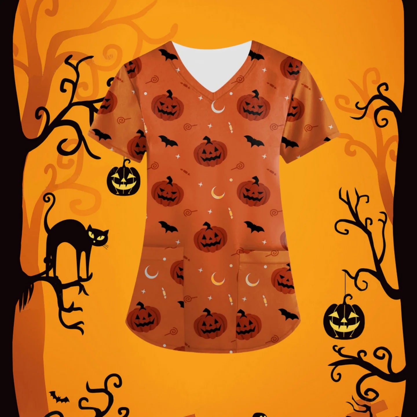 Halloween Scrubs Medical Uniform Scary Pumpkin Head Print Curable Medical Tops V-Neck Short Sleeve with Pocket Medical Clothes