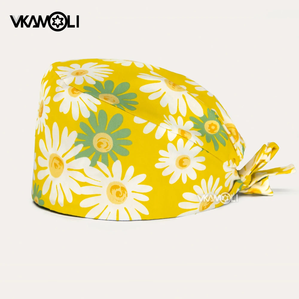 women's Cotton scrubs caps weat-absorbent Elastic Section pet grooming nursing work hats lab Flower print scrub hat Wholesale