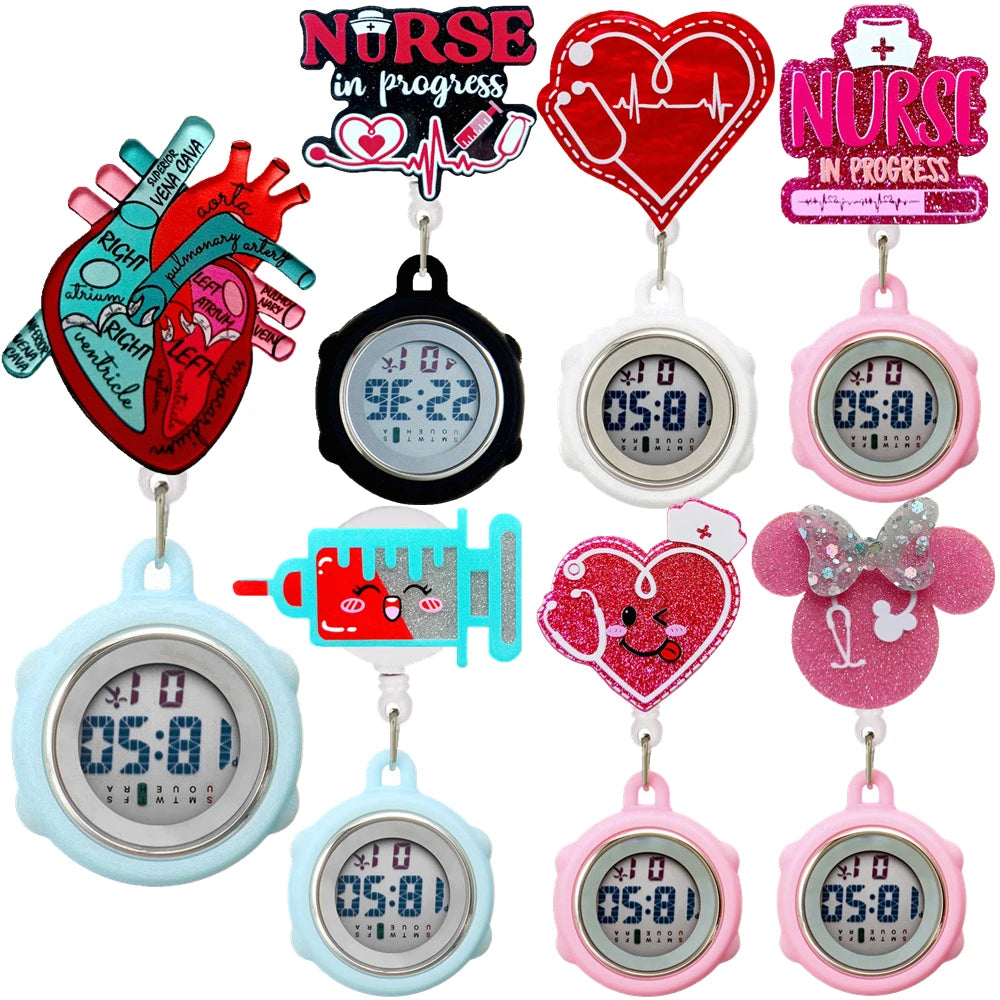 Cartoon Shiny Glitter Acrylic Medicine Medical Hospital Nurse Doctor Multi-funtion Digital Clip Retractable Badge Pocket Watch