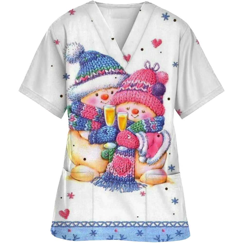 Christmas Printed V-Neck Scrubs Tops for Woman Man Blouse Cotton Surgeon Working Clothes Medical Uniform Doctor Nurse Scrub Tops