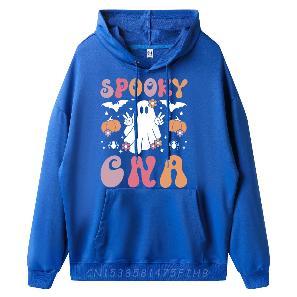 Spooky Certified Nursing Assistant Halloween Graphic Pullover Hoodies Polyester Fiber Pullover Hoodies For Man Tops Tees Normal