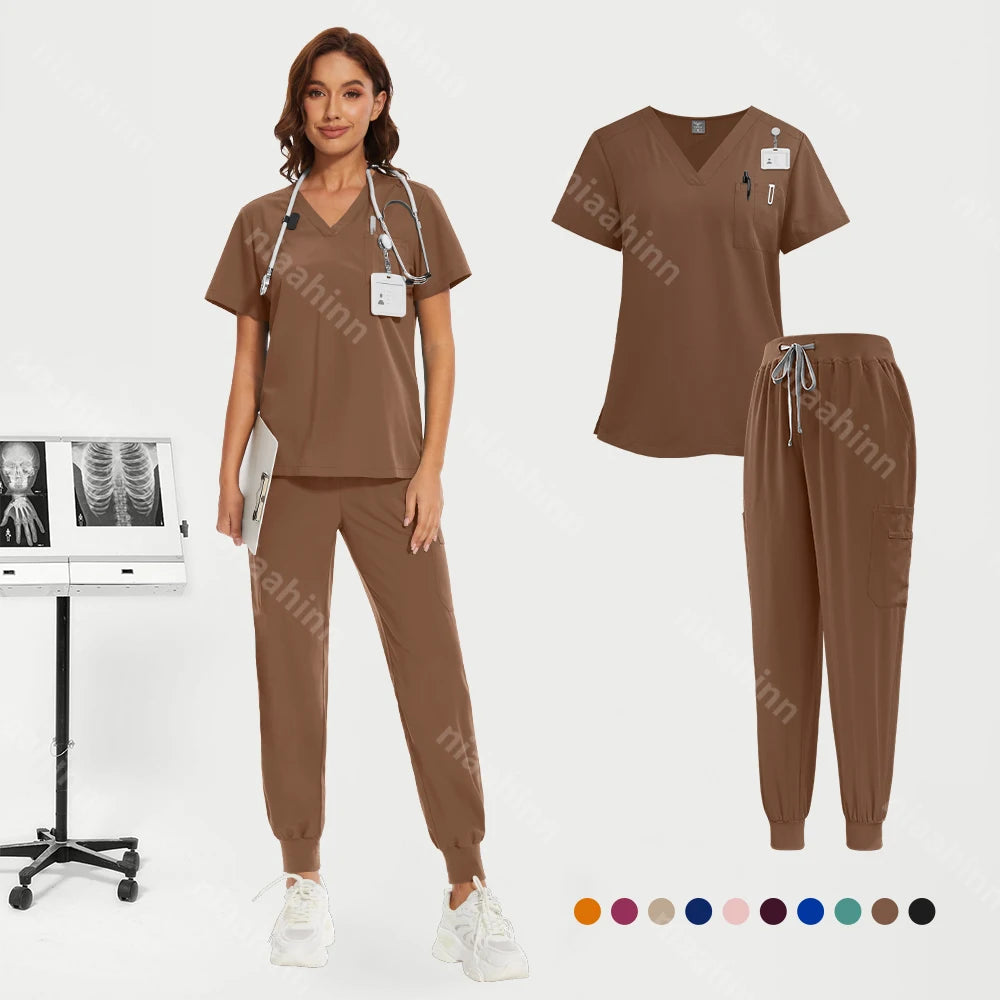 Niaahinn Medical Nurse Scrubs Tops+Pant Beauty Salon Spa Workwear Clinical Doctor Nursing Suit Surgical Uniforms Women Scrub Set