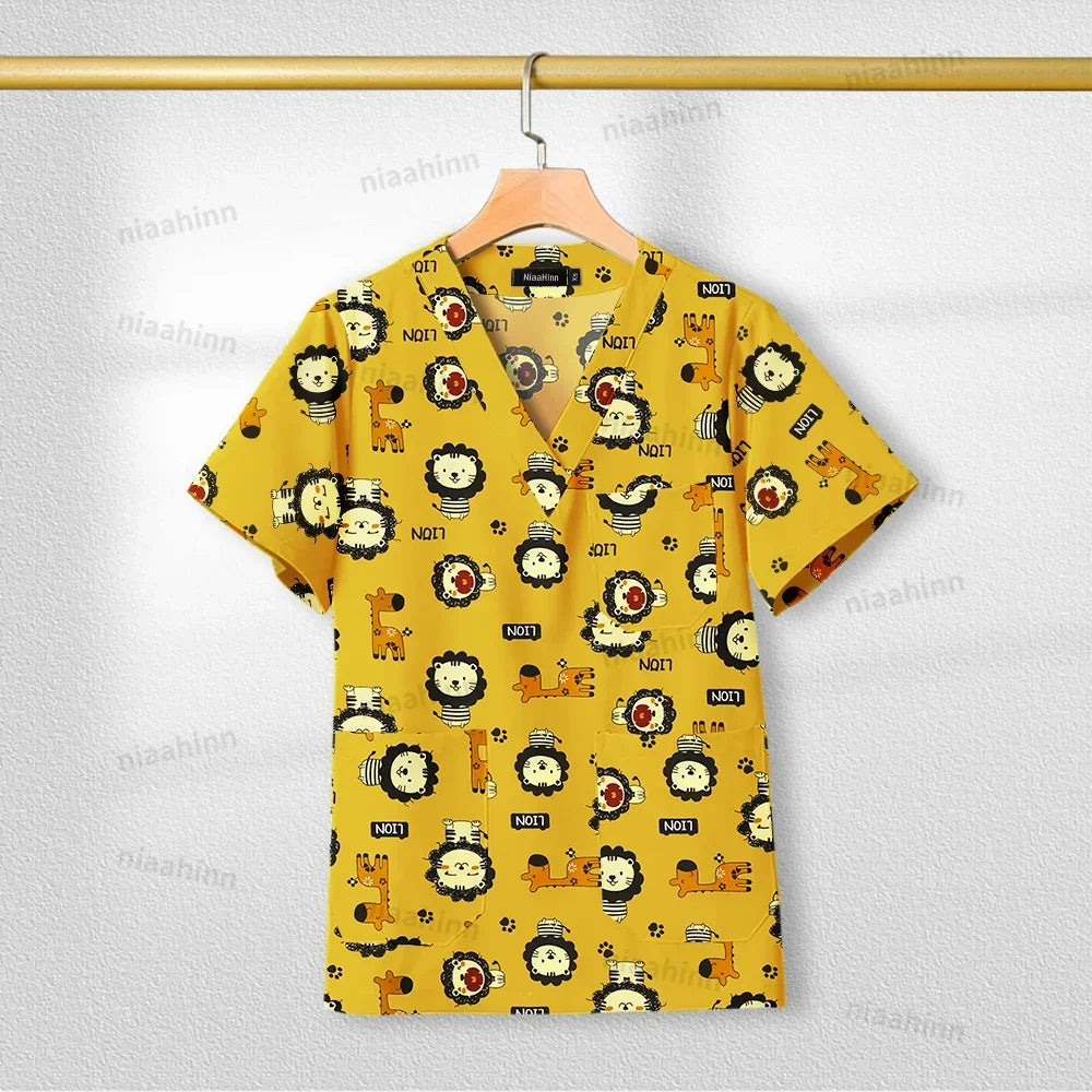 Cotton Printed Medical Uniforms Nurse Accessories for Work Doctor's Surgical Scrub Cartoon Pattern Short Sleeved Shirt Women Men