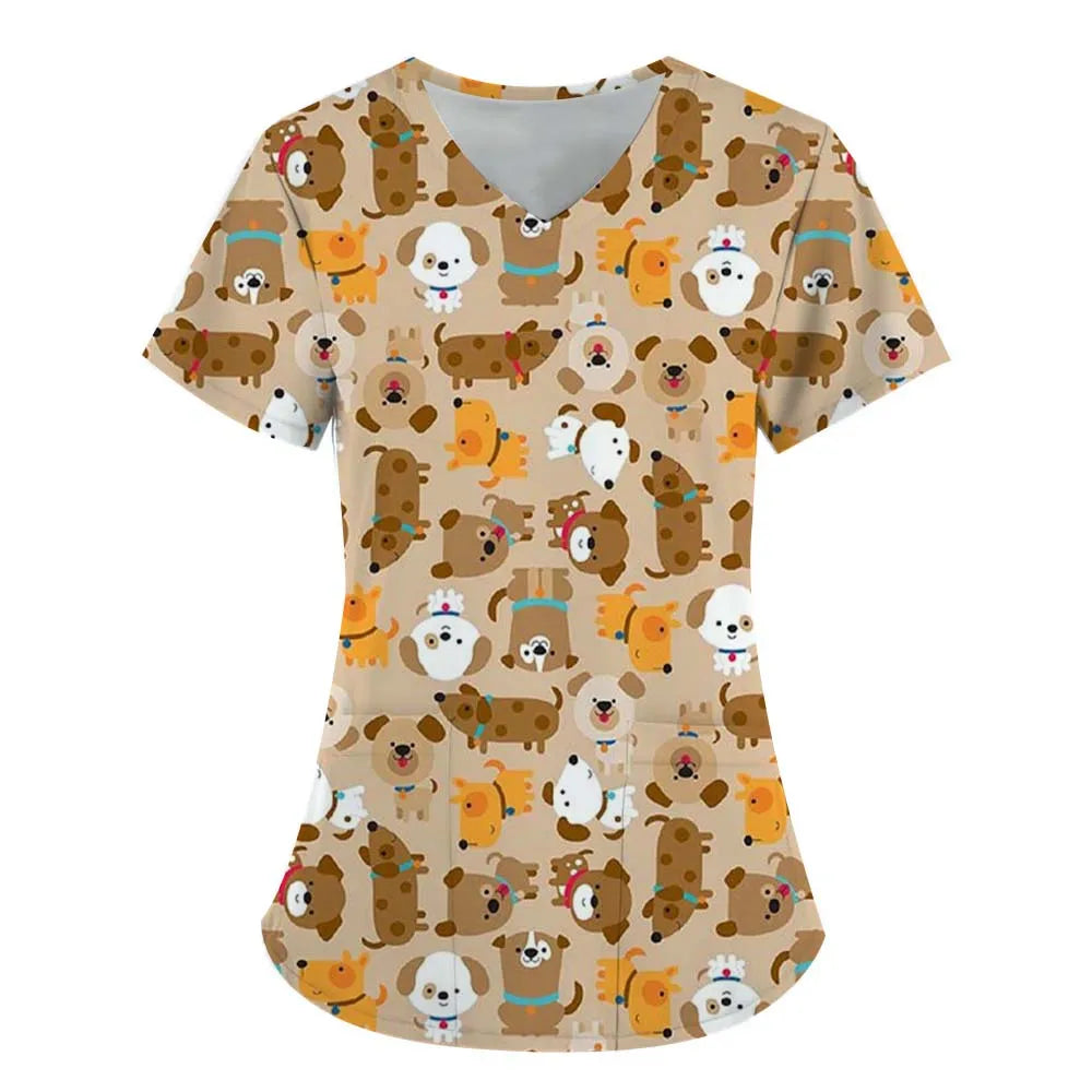 Surgical Uniforms Woman Scrub V-Neck Short Sleeves Tops Women's Medical Uniforms Vet Clinical Uniforms Cute Puppy Cartoon Print