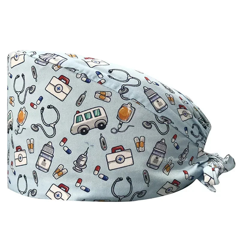 Cartoon Doctor Operating Room Pattern Printed Nursing Head Cap Lab Scrub Pet Hospital Surgical Hat Unisex Dentist Scrub Cap 2023