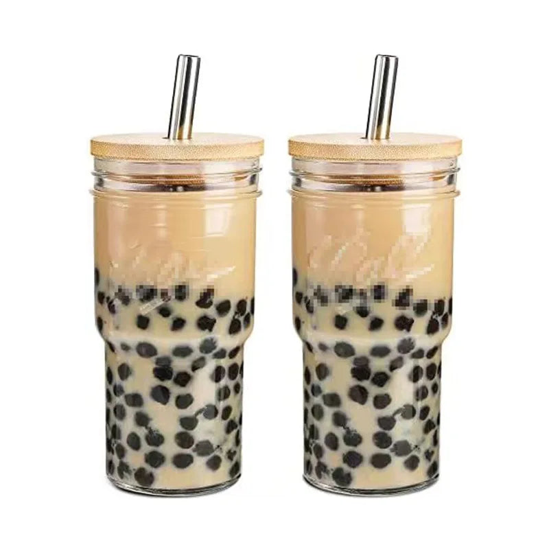 2pcs 22oz Glass Cup with Wooden Lid Bubble Tea Cold Drinking Coffee Wine Juice Transparent Straw Car Mug Drinkware Water Bottle