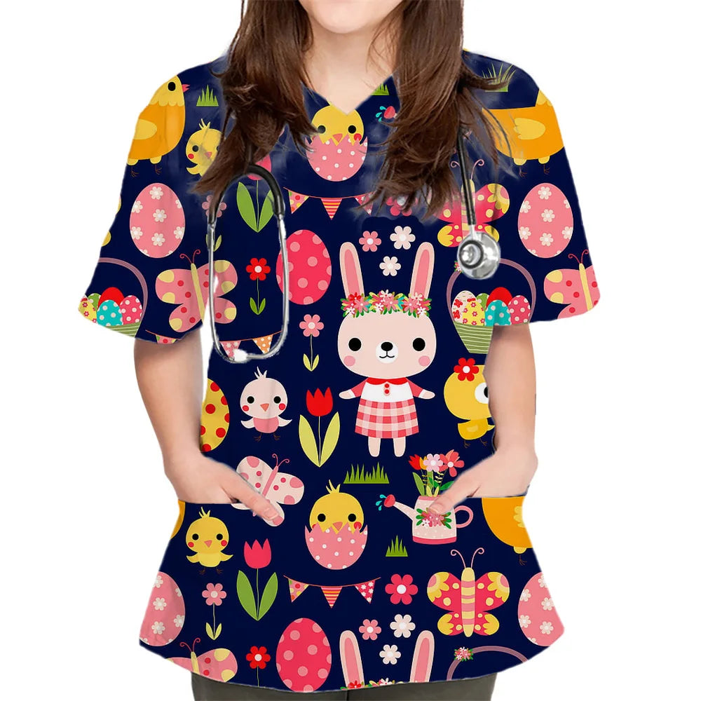 Women Cartoon Cute Rabbit Print V-Neck Patched Pocket Medical Scrub Uniforms Nursing Short Sleeve Tops Nursing Surgical Uniform