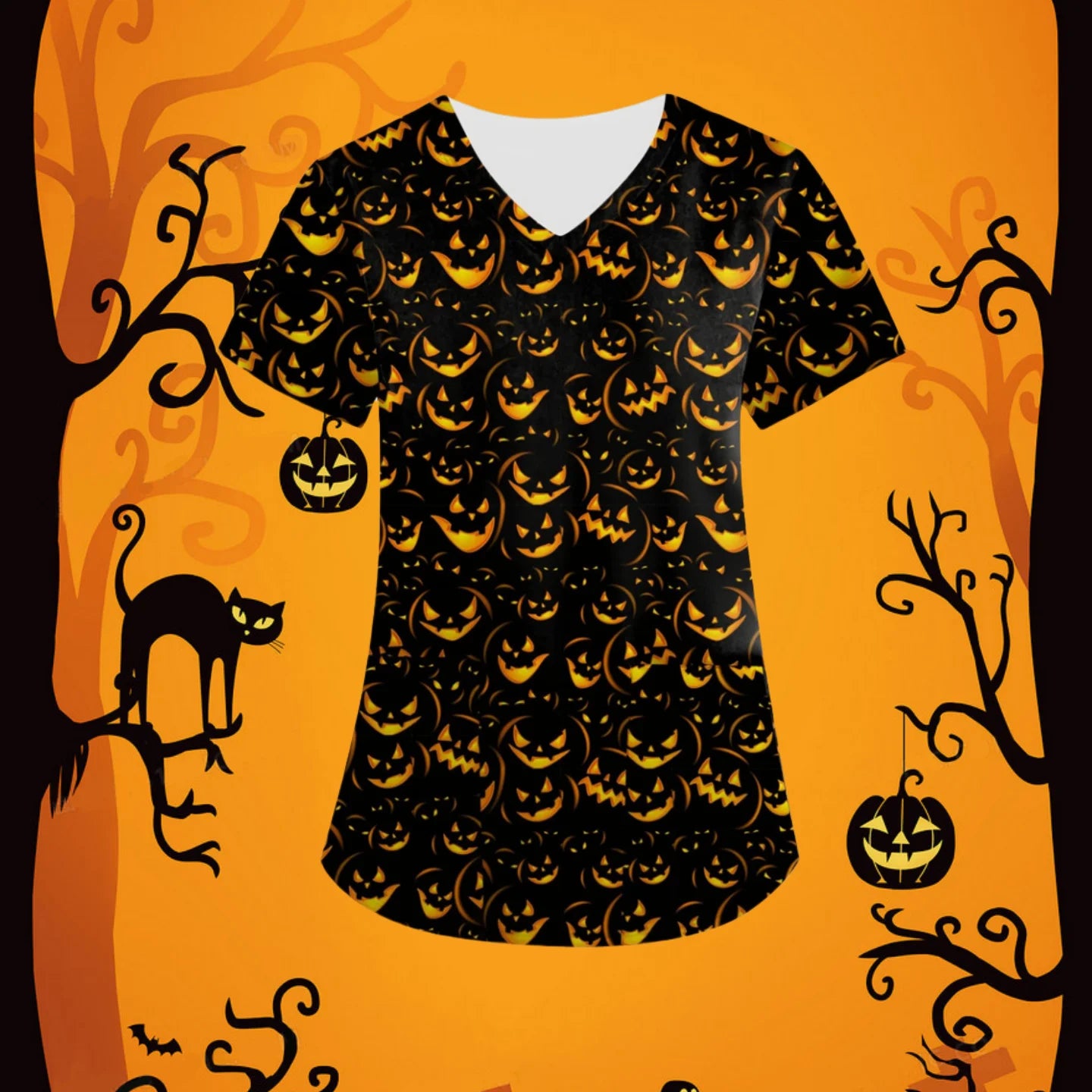 Halloween Scrubs Medical Uniform Scary Pumpkin Head Print Curable Medical Tops V-Neck Short Sleeve with Pocket Medical Clothes