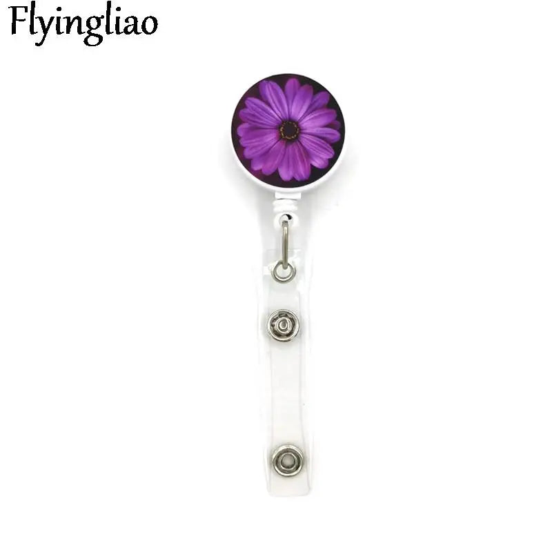 Purple Flowers Cute Card Cover Clip Lanyard Retractable Student Nurse Badge Reel Clip Cartoon ID Card Holder