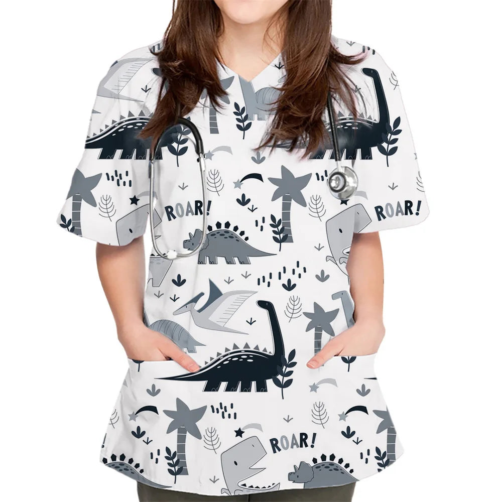 Surgical Uniform Woman Cute Dinosaur Cartoon Print Surgical Uniforms V-Neck Short Sleeve Pet Medical Top Women's Surgical Scrubs