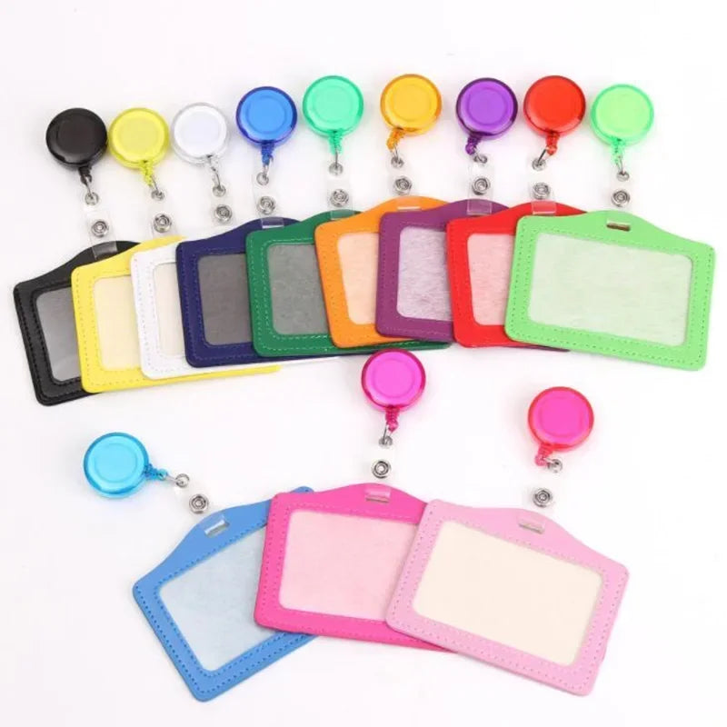 Women Men Student Retractable Badge Reel ID Card Holder Cover Case Nurse Badge Lanyards Fashion PU Leather Card Holders Set