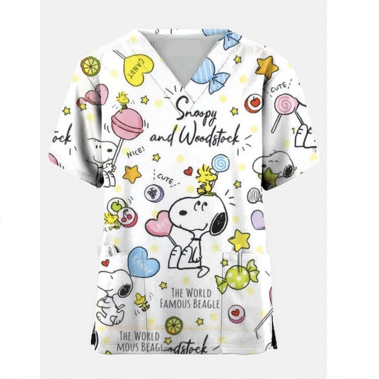 Nurse Uniform Women Short Sleeve Snoopy  print Working Uniform Pocket Blouse Scrubs Tops Nursing Medical Uniforms Accessories