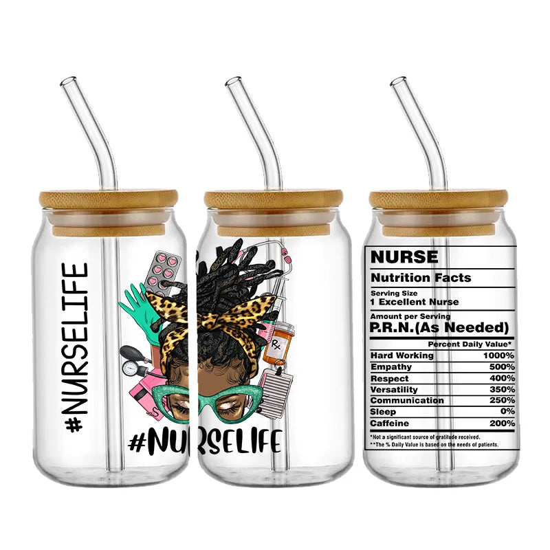 Nurse Cute Cartoon Design Best Seller 3D UV DTF Cup Wrap Transfers Stickers Labels Durable Waterproof Logo 16oz Glass Wrap