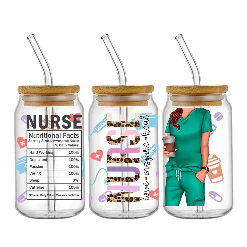 Nurse Cute Cartoon Design Best Seller 3D UV DTF Cup Wrap Transfers Stickers Labels Durable Waterproof Logo 16oz Glass Wrap