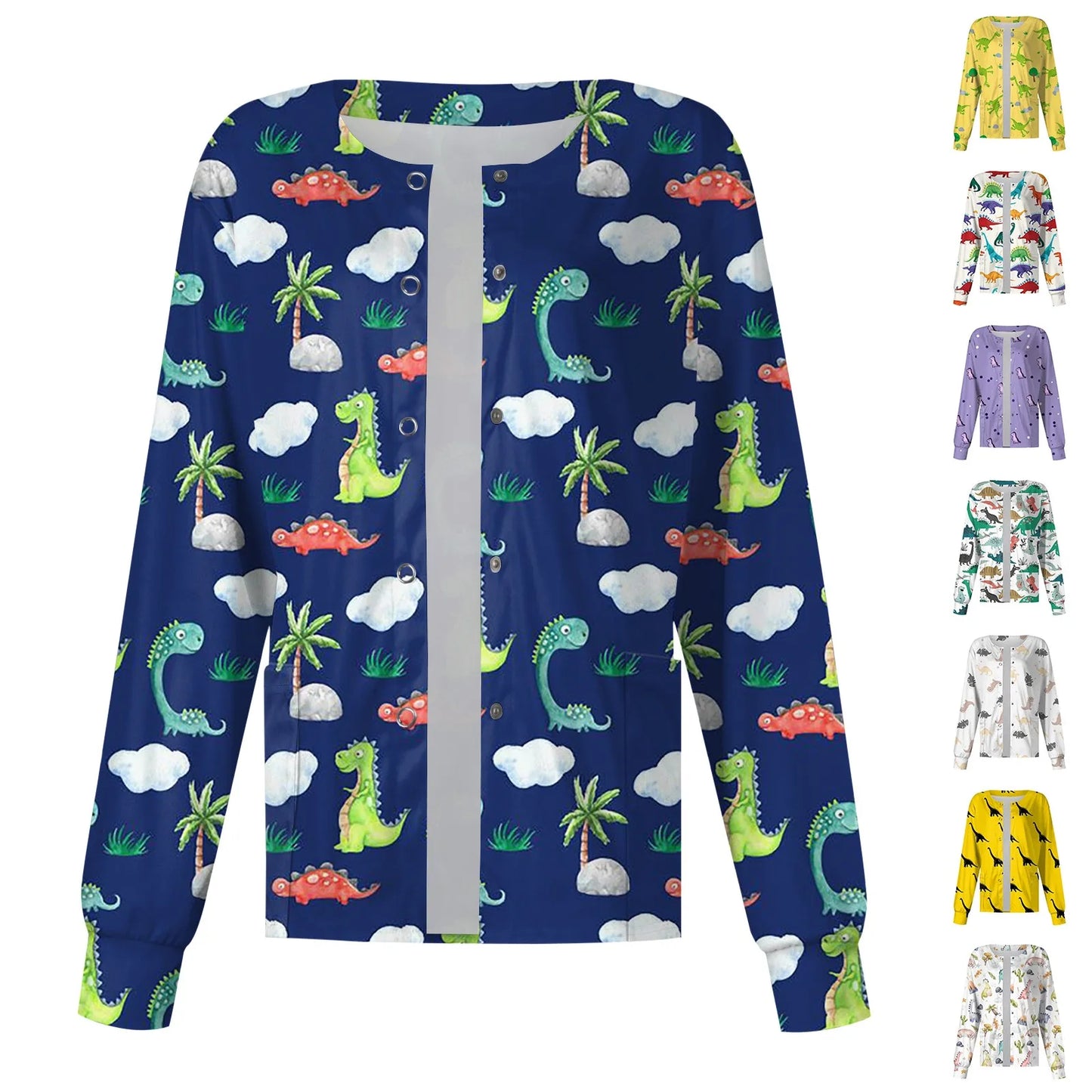 Scrub Top Spring Fall Stitch Spa Nurse Uniform Cute Dinosaur Print Coat Women Long Sleeve Clinic Scrub Jacket Uniform Nurse Top