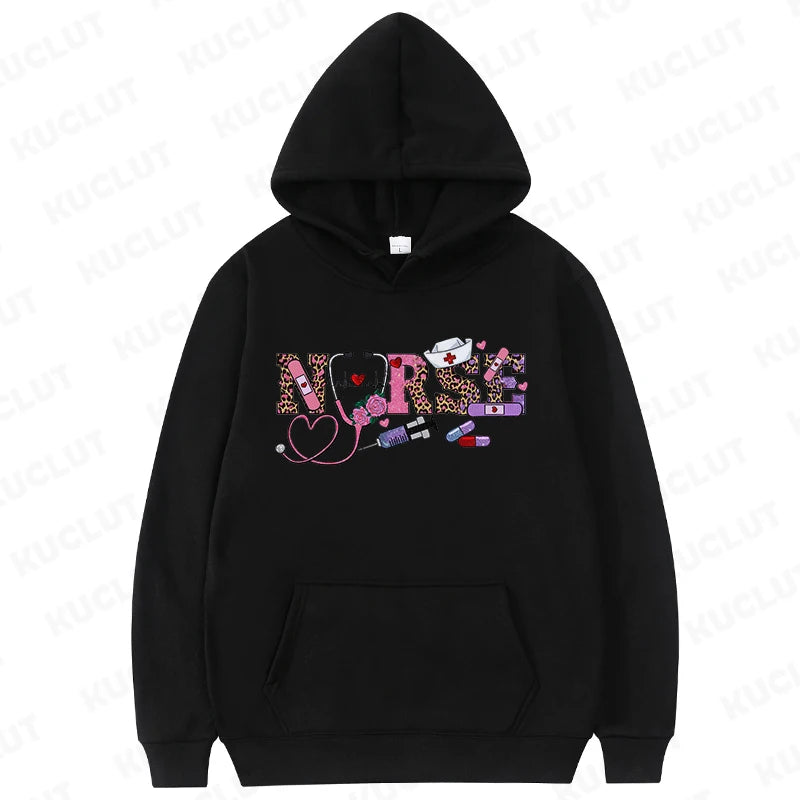 New Women Hoodies Pullover Oversize Valentines Day Love Nurse Print Hoodies Casual Long Sleeve Women Sweatshirts Nurse Gifts