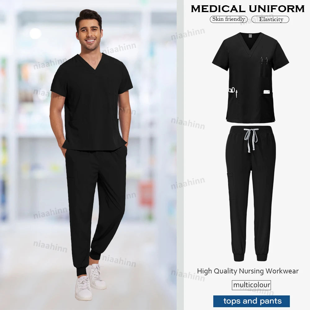 Niaahinn Medical Scrubs Uniform Nursing Articles Surgical Uniforms Woman V-neck Short Sleeved Tops Joggers Pants Sets Mens Scrub