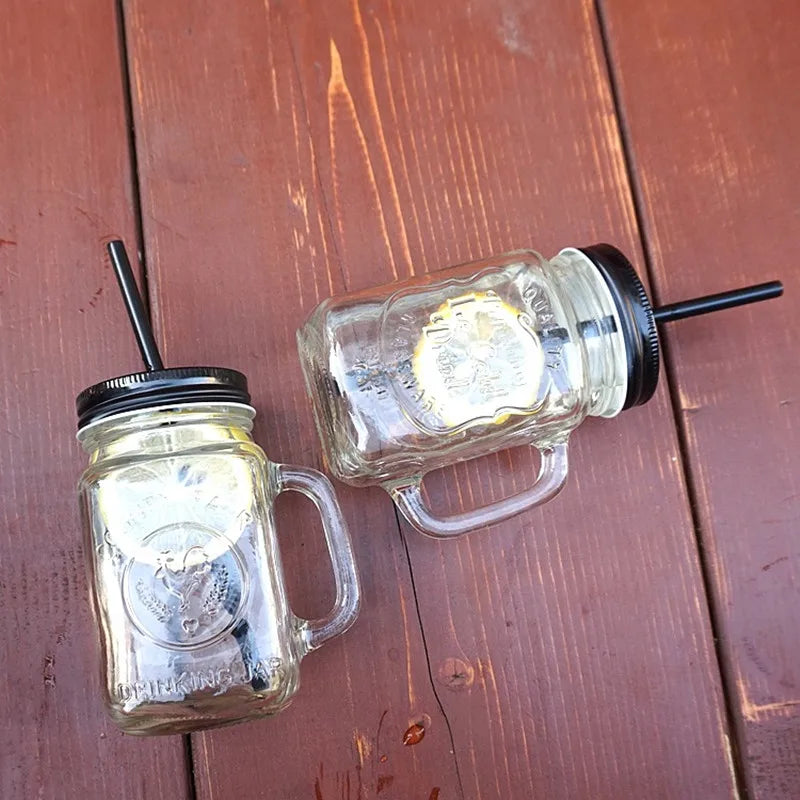 450ml Mason Jar Mugs with Handles Old Fashioned Glass Bottle Juice Drink Clear Glass Water Bottle With Cover Straw Drinkware Cup