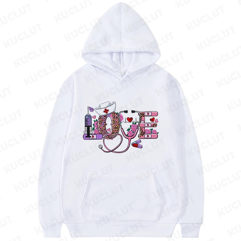 New Women Hoodies Pullover Oversize Valentines Day Love Nurse Print Hoodies Casual Long Sleeve Women Sweatshirts Nurse Gifts