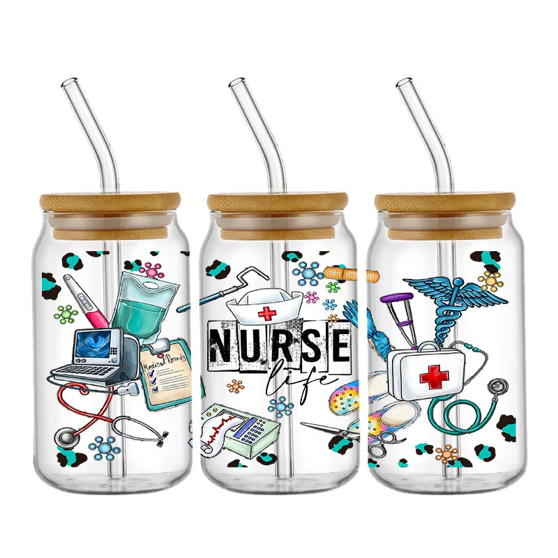 Nurse Cute Cartoon Design Best Seller 3D UV DTF Cup Wrap Transfers Stickers Labels Durable Waterproof Logo 16oz Glass Wrap