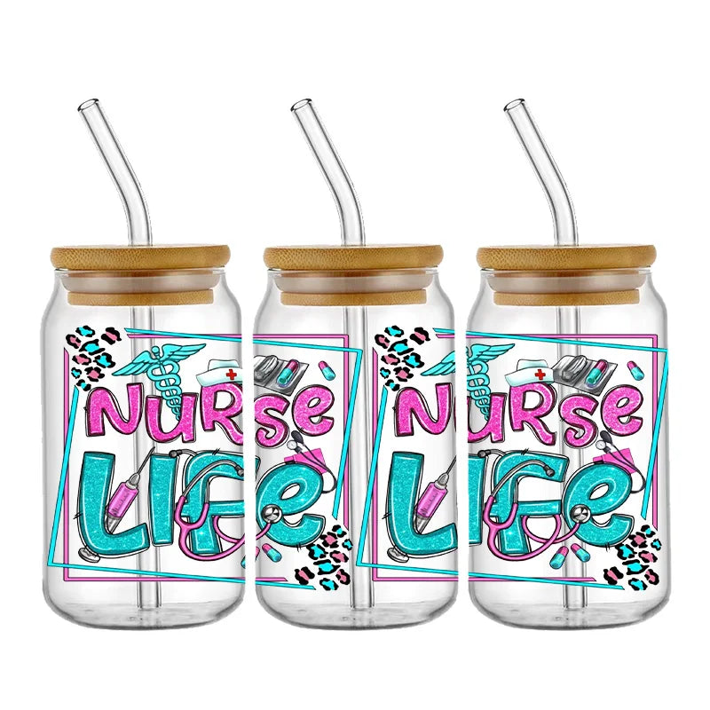 Nurse Cute Cartoon Design Best Seller 3D UV DTF Cup Wrap Transfers Stickers Labels Durable Waterproof Logo 16oz Glass Wrap